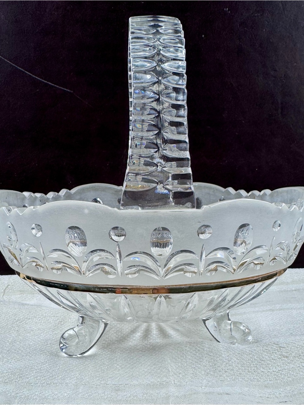 Vintage Footed Lead Glass Cut Crystal Basket with Handle Oval Gold Trim